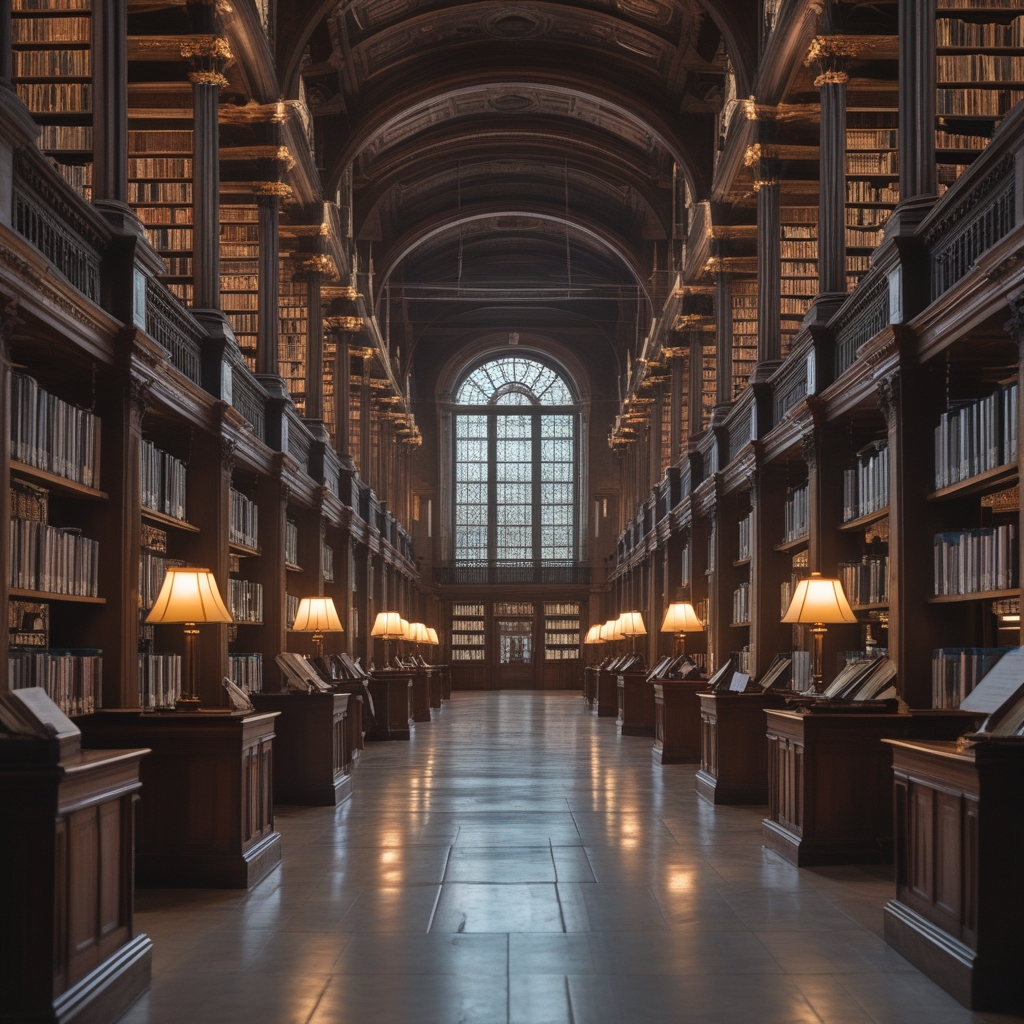 Interior of a classical research library with tall wooden bookshelves filled with scientific volumes, reading tables illuminated by warm desk lamps, and a high ornate ceiling