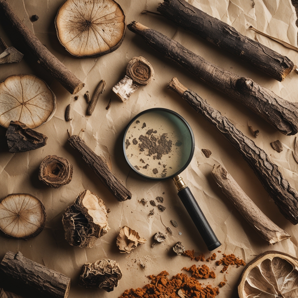Wild-harvested dried root slices, bark pieces and botanical specimens arranged on aged parchment paper with a magnifying glass