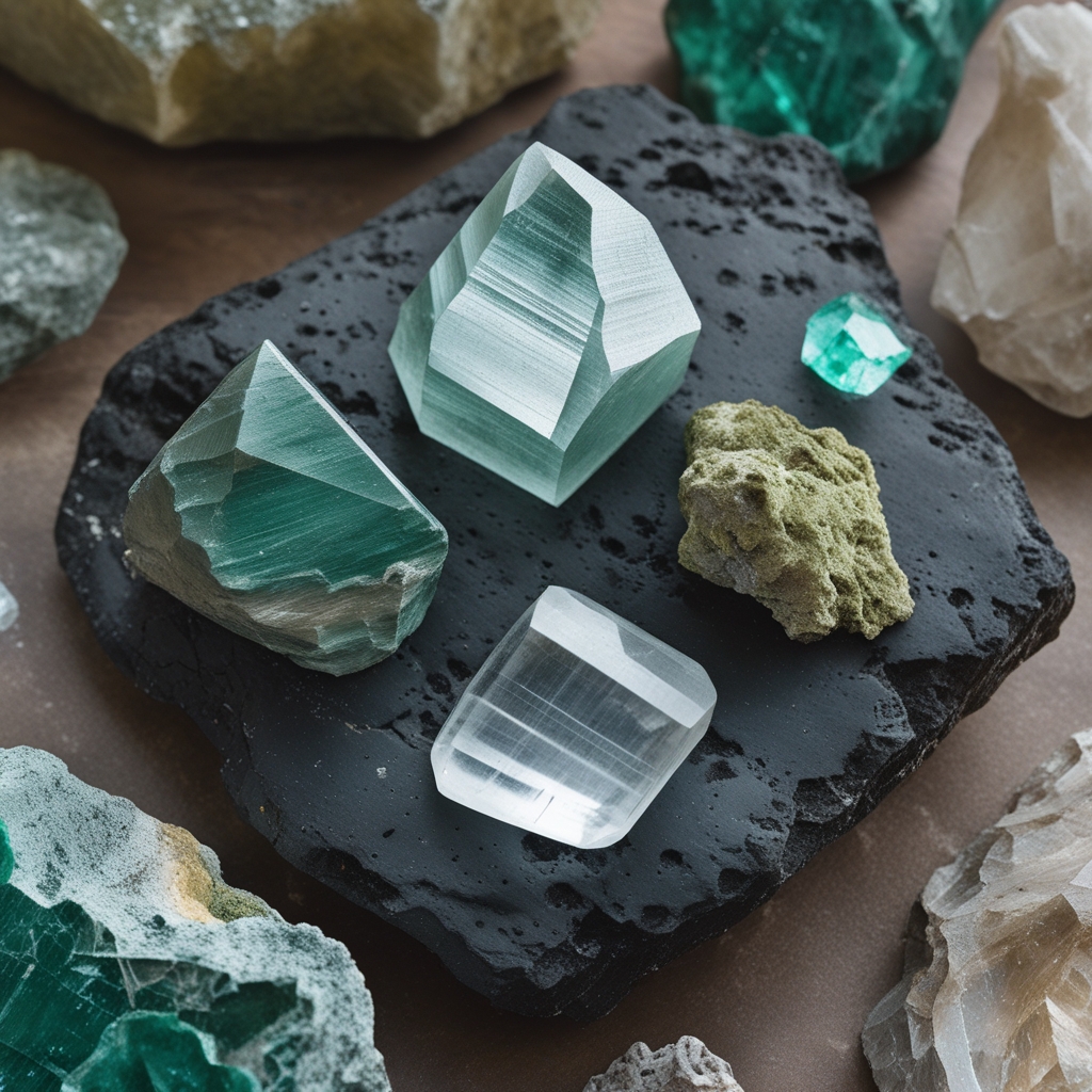 Close-up photograph of polished mineral stones and crystals including quartz, selenite and malachite arranged on dark volcanic rock