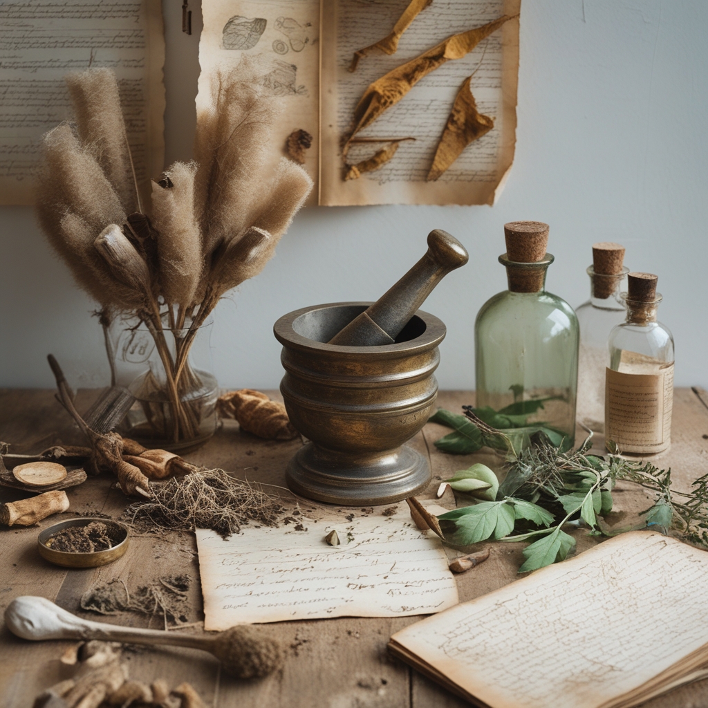 Antique brass mortar and pestle surrounded by dried botanical specimens, old handwritten manuscripts and glass apothecary bottles on a worn wooden table